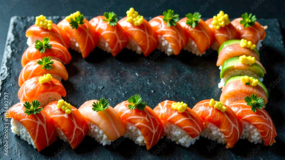 Fresh Salmon Nigiri Sushi Arranged in a Rectangular Frame on a Slate Platter – Perfect for Culinary Presentations. Frame for text. Top down view Fresh Salmon Nigiri Sushi Arranged in a Rectangular Frame on a Slate Platter – Perfect for Culinary Presentations. Frame for text. Top down view