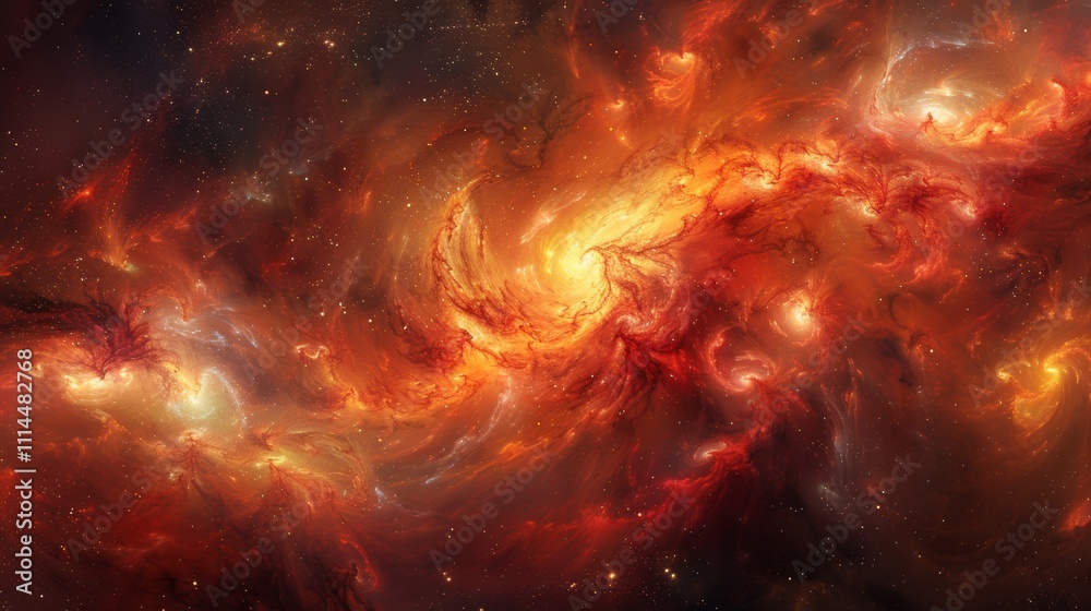 Obraz premium Fiery nebula in deep space with swirling clouds of orange, red, and yellow, capturing the dynamic energy and raw power of stellar formation, perfect for cosmic and astronomical themes