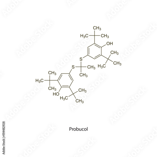 Probucol flat skeletal molecular structure antihyperlipidemic drug used in hyperlipidemia treatment. Vector illustration scientific diagram.