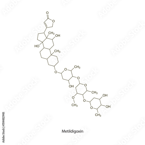 Metildigoxin flat skeletal molecular structure Digitalis Glycoside drug used in arrhythmia treatment. Vector illustration scientific diagram.