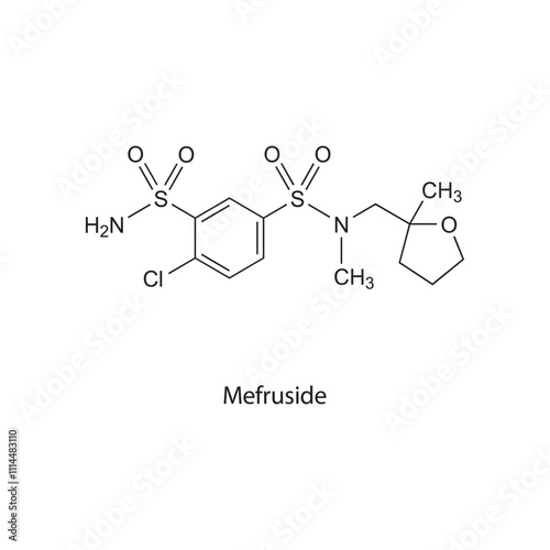 Mefruside flat skeletal molecular structure Thiazide diuretic drug used in hypertension, oedema treatment. Vector illustration scientific diagram.