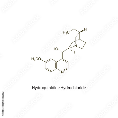 Hydroquinidine flat skeletal molecular structure Class I antiarrhythmic drug used in arrhythmia treatment. Vector illustration scientific diagram.
