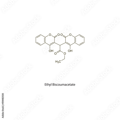 Ethyl Biscoumacetate flat skeletal molecular structure Vitamin K antagonist anticoagulant drug used in thromboembolic disorders treatment. Vector illustration scientific diagram.