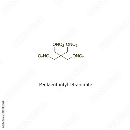 Pentaerithrityl Tetranitrate flat skeletal molecular structure nitrate drug used in angina pectoris treatment. Vector illustration scientific diagram.