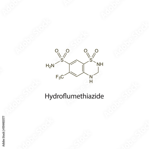 Hydroflumethiazide flat skeletal molecular structure Thiazide diuretic drug used in hypertension, oedema treatment. Vector illustration scientific diagram.