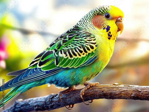 Vibrant green and yellow budgerigar perched on branch in natural light with blurred background