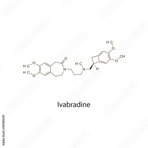 Ivabradine flat skeletal molecular structure selective sinus node If inhibitor drug used in angina pectoris treatment. Vector illustration scientific diagram.