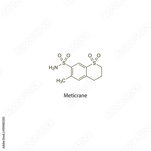 Meticrane flat skeletal molecular structure Thiazide diuretic drug used in hypertension treatment. Vector illustration scientific diagram.