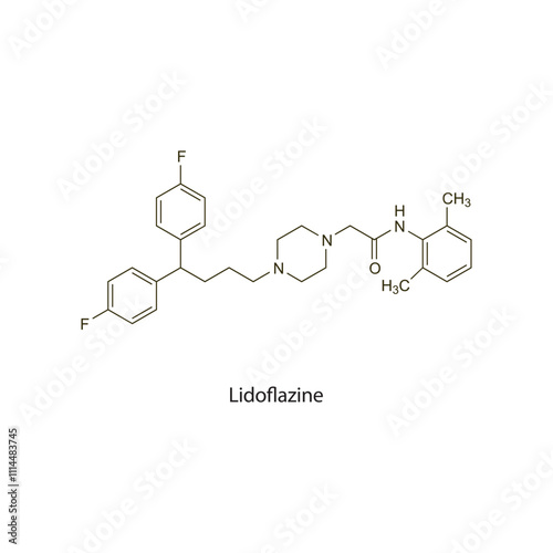 Lidoflazine flat skeletal molecular structure Calcium chanel blocker CCB drug used in angina pectoris treatment. Vector illustration scientific diagram.
