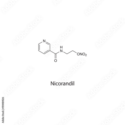 Nicorandil flat skeletal molecular structure nitrate drug used in angina pectoris treatment. Vector illustration scientific diagram.