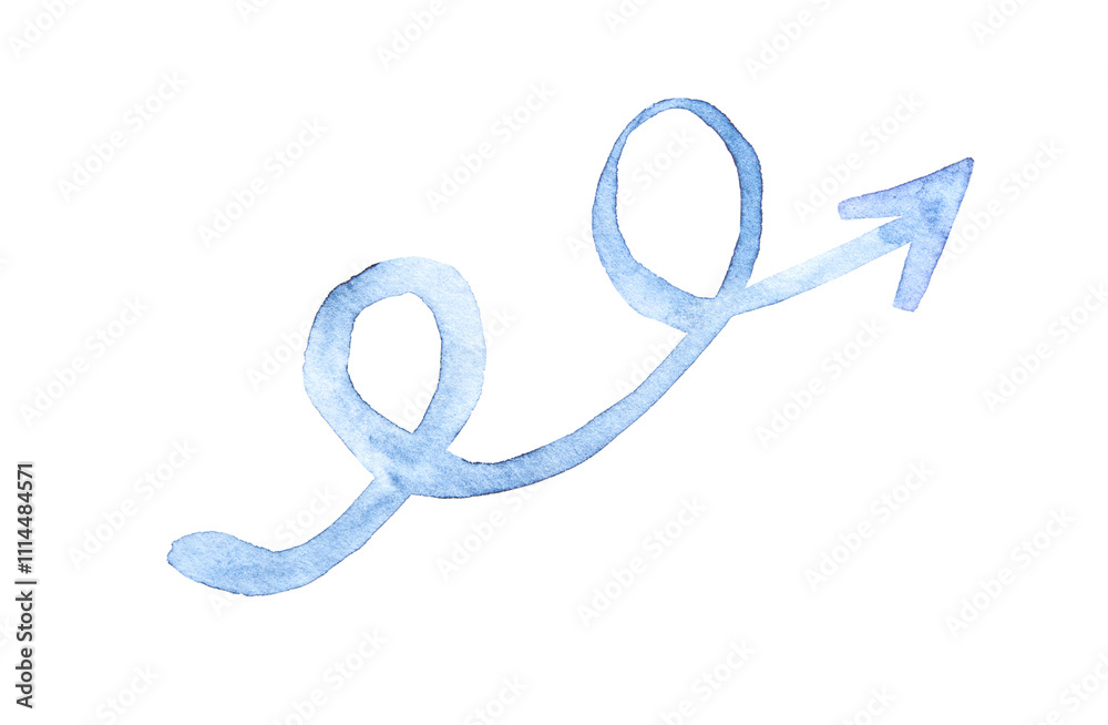 Obraz premium Blue watercolor swirl arrow with loop design on white background for creative direction concepts.