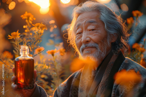 A serene East Asian man carefully examines a bottle of anti-aging serum under the soft glow of a setting sun. Surrounded by the peaceful greenery of a rooftop garden in the city. photo