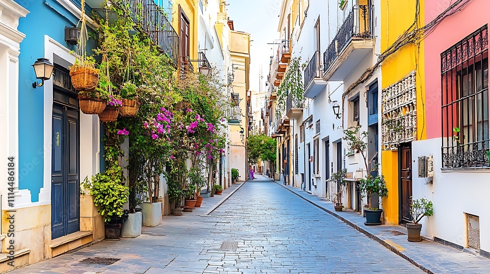 Fototapeta premium Colorful Mediterranean Street Scene With Vibrant Flowers