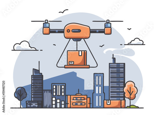 Drone carry box package in the city. Drone delivery service concept. Quadcopter carrying a package to customer. Technological shipment innovation.