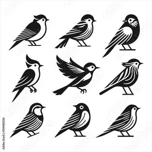 set of minimal small birds silhouettes icon 