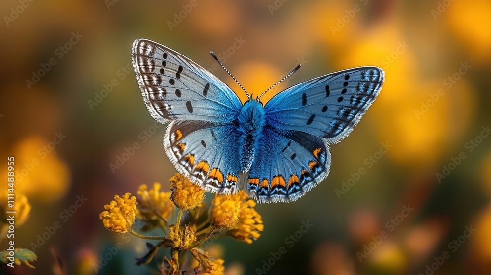 Obraz premium Vibrant Blue Butterfly on Bright Yellow Wildflowers in Nature