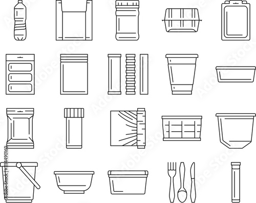 plastic packaging food container icons set vector. bag bottle, pack box, product, tableware jar, blister, tray, sachet, wrap, pod tub plastic packaging food container black contour illustrations