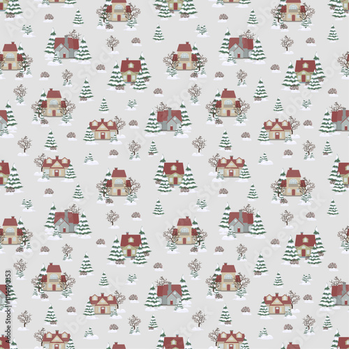 Christmas pattern with winter houses