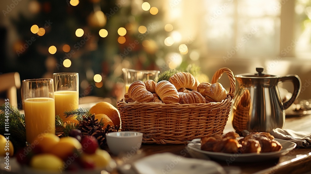 Naklejka premium A festive breakfast table with a basket of Danish pastries, surrounded by fresh fruit.