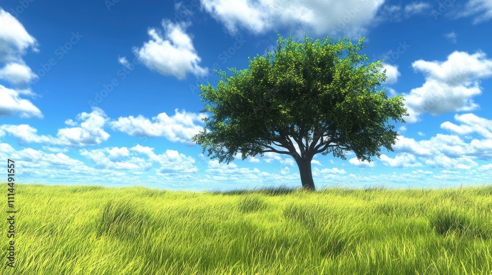 Solitary Tree in a Verdant Meadow Under a Bright Sky Solitary Tree in a Verdant Meadow Under a Bright Sky