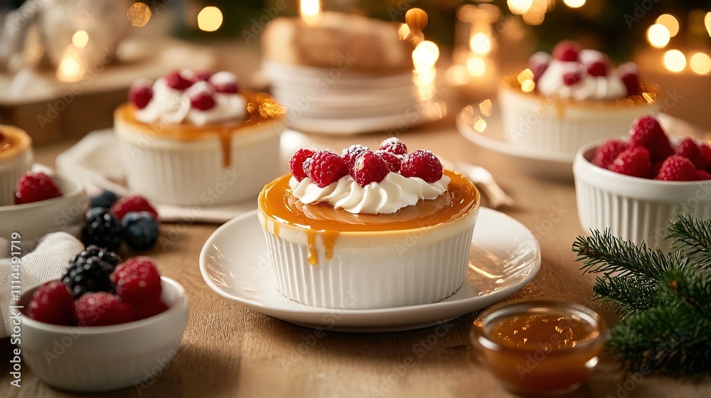 A festive dining table featuring caramel flan in individual ramekins. A festive dining table featuring caramel flan in individual ramekins.