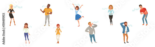 People Character Laughing Out Loud in Standing Pose Vector Set