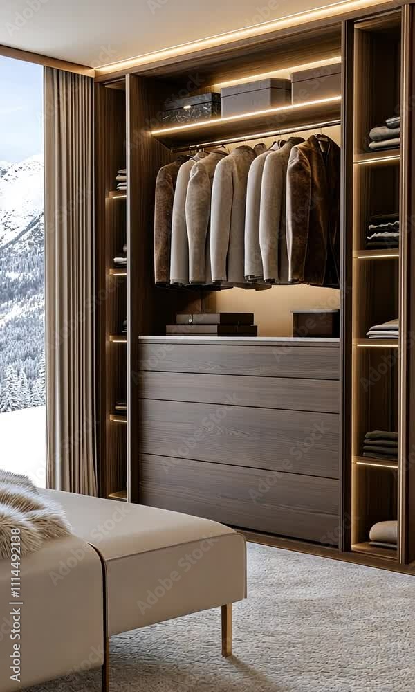 A beautifully organized closet showcases elegant clothing while offering a warm ambiance in a cozy bedroom with mountain vistas