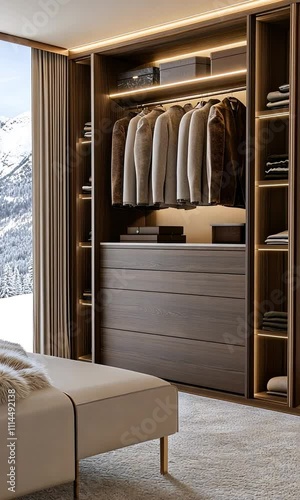 A beautifully organized closet showcases elegant clothing while offering a warm ambiance in a cozy bedroom with mountain vistas