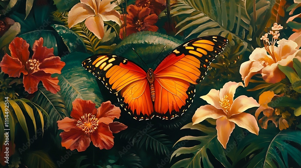 Fototapeta premium Orange Butterfly Among Lush Tropical Flowers And Leaves