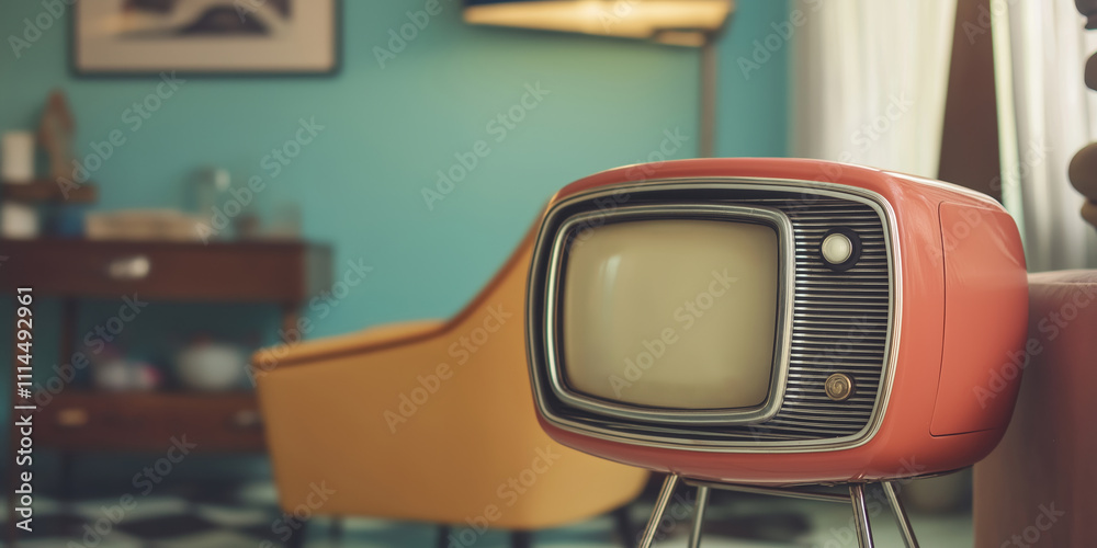 Naklejka premium A charming retro television set sits in a vibrant, stylish room, evoking nostalgia of the past.
