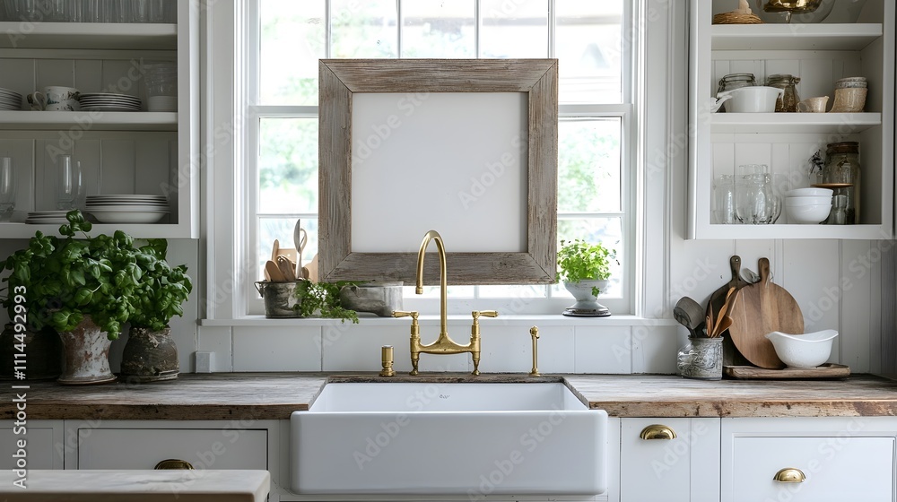 Fototapeta premium A rustic farmhouse kitchen with a distressed wood frame mounted above an apron-front sink, surrounded by white cabinetry and brass fixtures.