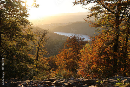 Der Stausee Nonnweiler während des Sonnenuntergangs in malerischer Natur im Herbst im Nationalpark Hunsrück-Hochwald. Aussicht von den Premium-Wanderwegen Dollbergschleife und Saar-Hunsrück-Steig. photo