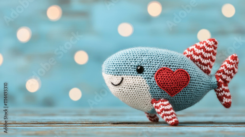 Knitted animal for Valentine. A cute, knitted shark toy with a heart, set against a soft blue background with blurred lights, evoking a whimsical, playful feel.