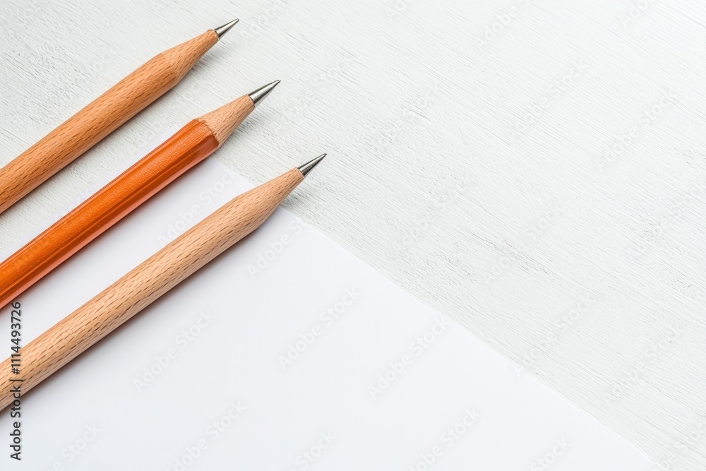 Obraz premium A close-up view of three sharpened pencils resting on a blank sheet of paper, showcasing their tips against a light background.