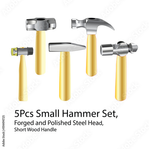 5Pcs Small Hammer Set, Forged and Polished Steel Head, Short Wood Handle Illustration Vol 01