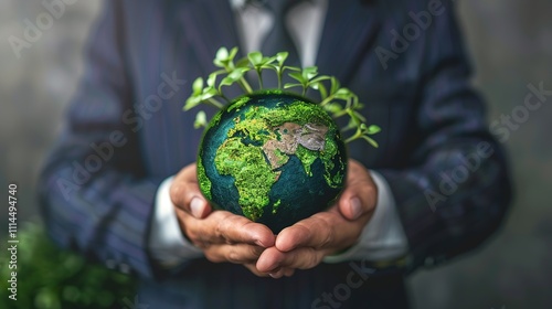 Carbon Neutral and Offset Concept for Achieving Net Zero Greenhouse Gas Emissions Target: Businessman Holding a Globe with Carbon Credit Icon Symbolizing Sustainable Climate Solutions for a Low Carbon