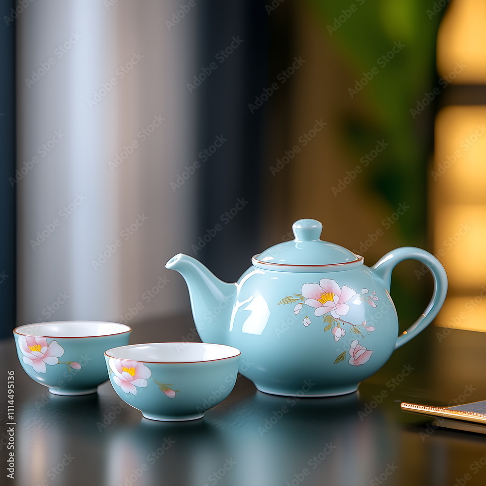 Authentic Chinese tea set with intricate floral patterns, indoor setting on a table, Chinese new year Authentic Chinese tea set with intricate floral patterns, indoor setting on a table, Chinese new year
