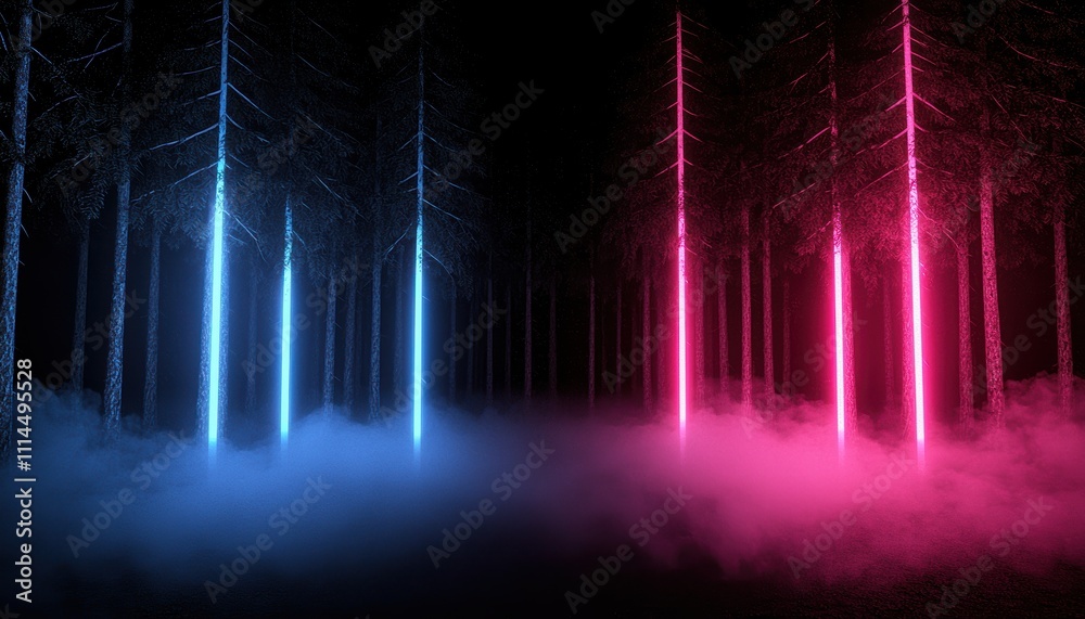 A mystical forest illuminated by vibrant blue and pink lights, shrouded in fog, creating an ethereal and surreal atmosphere. A mystical forest illuminated by vibrant blue and pink lights, shrouded in fog, creating an ethereal and surreal atmosphere.