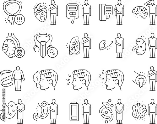 man disease health medical icons set vector. prostate, stroke, diabetes, blood pressure, obesity, depression man disease health medical black contour illustrations