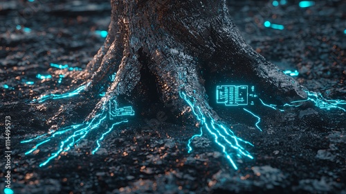 A close-up of a tree trunk with glowing blue circuitry intertwined with its roots, symbolizing nature and technology. photo