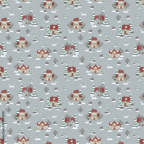 Christmas pattern with winter houses