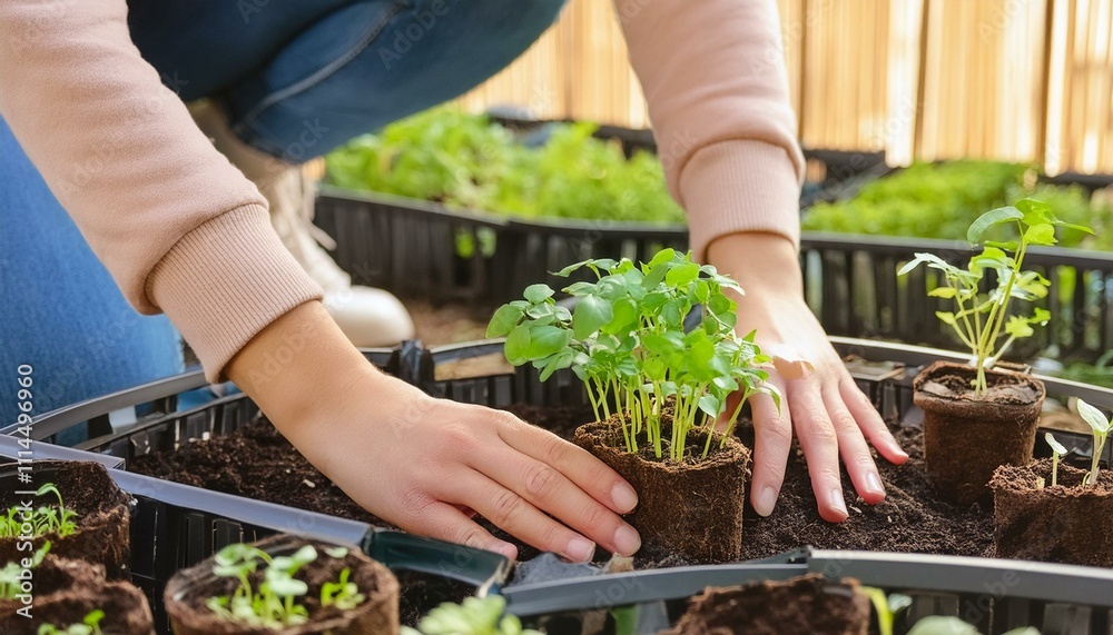 Fototapeta premium A person planting a young seedling in the soil while wearing gloves, with wooden stakes in the garden. The scene captures a sunny day in a backyard garden, emphasizing growth and care for plants.