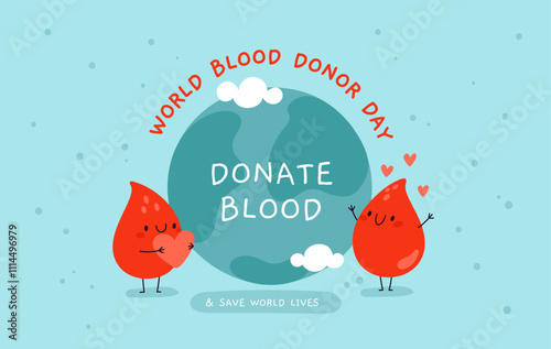World blood donor day. Cute red drops hold hearts on globe background. Bloody drops. Hospital treatment. Funny transfusion symbols. Garish vector international event invitation banner
