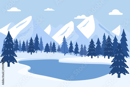 Winter mountains, lake and forest. Landscape illustration of mountain, lake and forest. Pine trees and spruce trees by the lake against the backdrop of snow-capped mountains. Winter nature.
