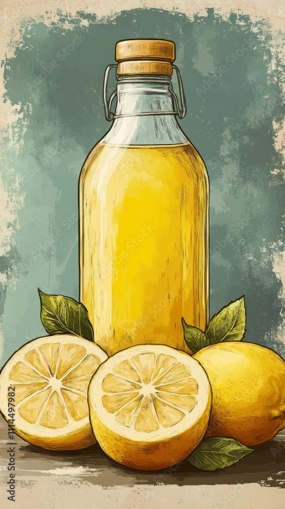 Homemade limoncello recipe featuring fresh lemons and glass bottle for a refreshing Italian liqueur Homemade limoncello recipe featuring fresh lemons and glass bottle for a refreshing Italian liqueur