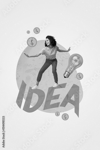 Vertical collage picture of mini black white colors girl stand bif idea word light bulb money gold coins isolated on creative background photo