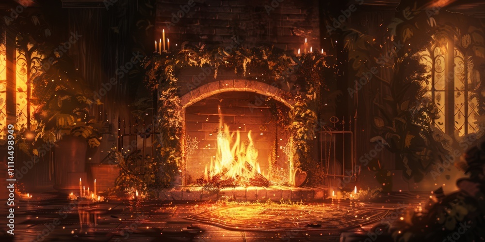 Obraz premium Enchanted Fireplace: A Cozy Winter Night