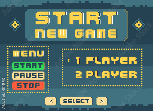 Start game menu. Pixel art console. Dashboard display. 8 bit arcade player. Video gaming font. Retro computer graphic style. GUI panel buttons with digital labels. Vector background