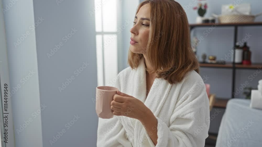 Young woman enjoying a drink while relaxing in an indoor spa setting wearing a white robe with modern decor and natural light filtering through the window. Young woman enjoying a drink while relaxing in an indoor spa setting wearing a white robe with modern decor and natural light filtering through the window.