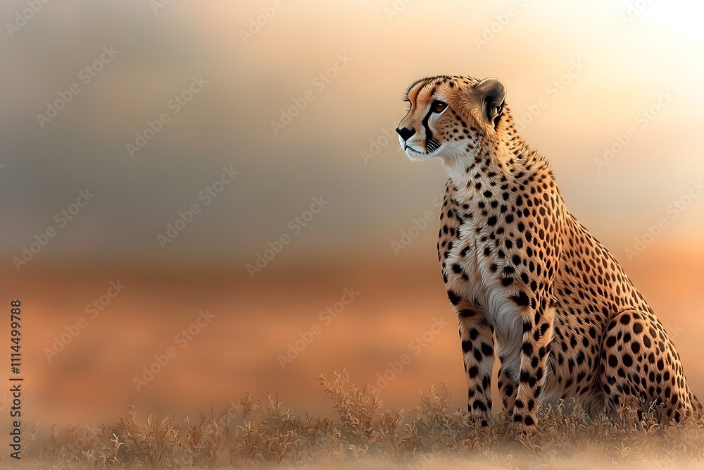 Cheetah a sinewy and alert apex predator prowling on the expansive ochre desert scanning the landscape for its quarry in a majestic and dramatic oil painting scene with warm color palette Cheetah a sinewy and alert apex predator prowling on the expansive ochre desert scanning the landscape for its quarry in a majestic and dramatic oil painting scene with warm color palette